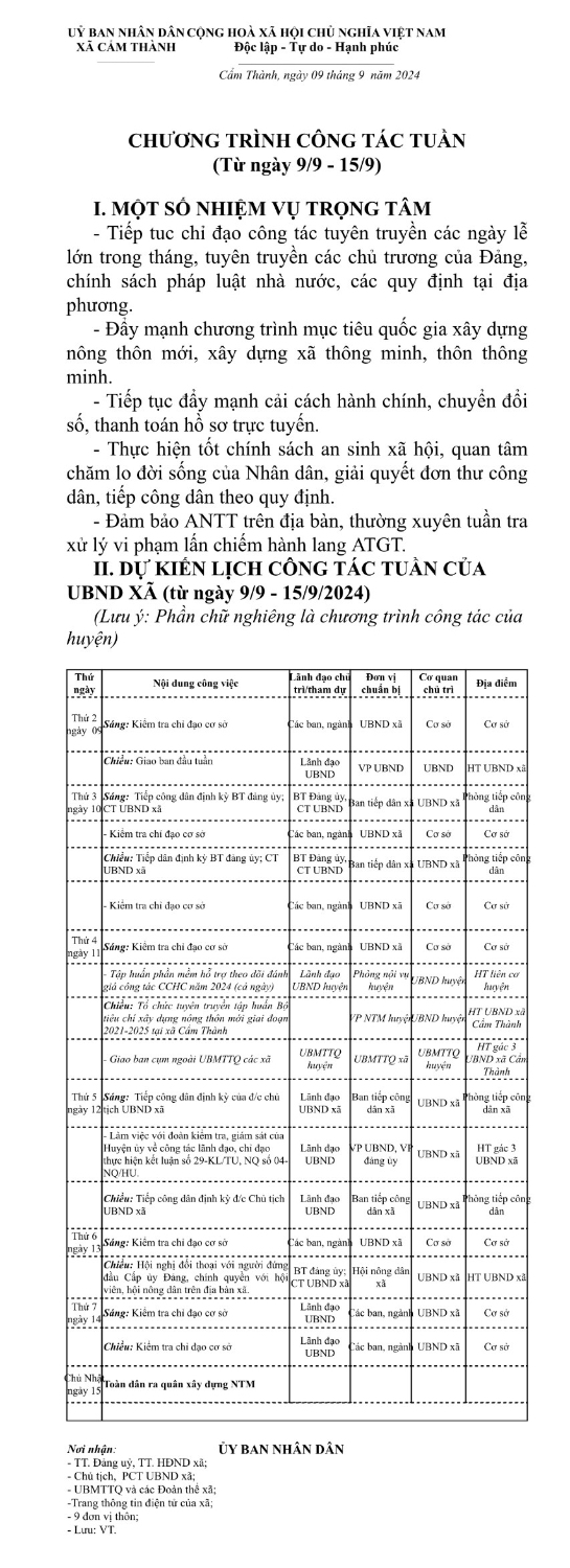 Lịch công tác tuần từ 9 15